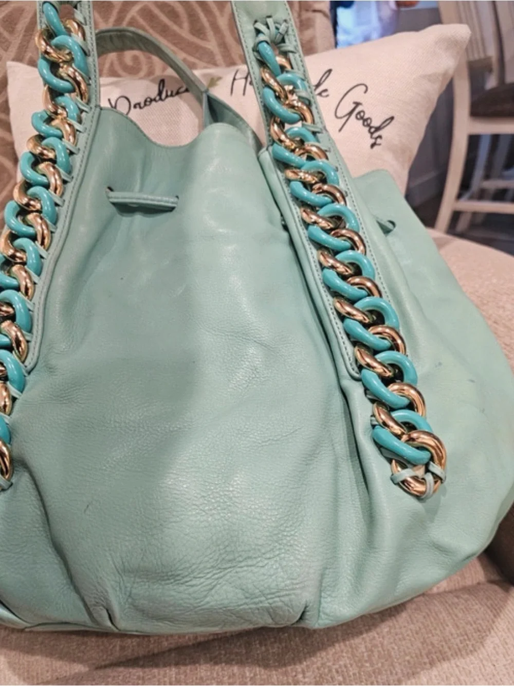 Michael Kors Mint Green Leather Shoulder Bag with Gold Chain Detail